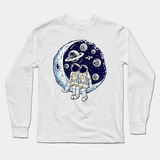 Romantic Couple Moon Illustration Long Sleeve T-Shirt by Mako Design 